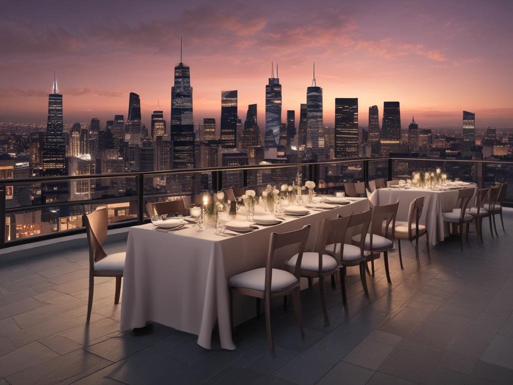 gala night, rooftop event, skyline, elegant gathering, luxury dining